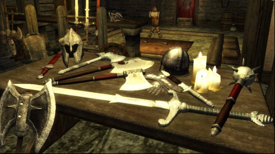 Oblivion Remastered mods: a table covered in weapons and armor.