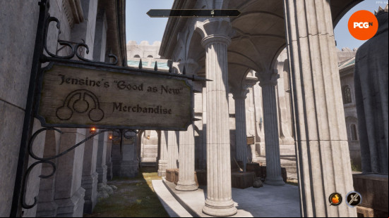 Making money in Oblivion: a shop sign screwed into the side of a stone wall.