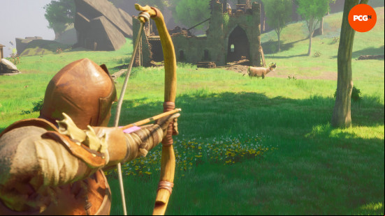A main aiming an bow and arrow in Runescape Dragonswilds.