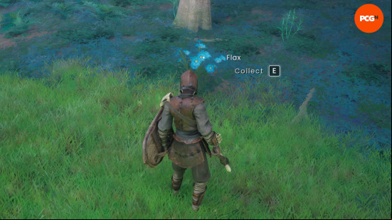 A character collecting flax in Runescape Dragonwilds.
