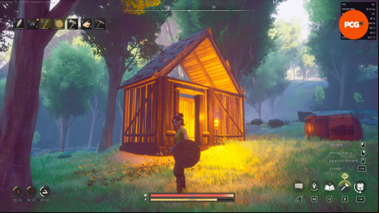 A woman wearing basic clothes holding a shield stands outside of a small cabin in a wooded area