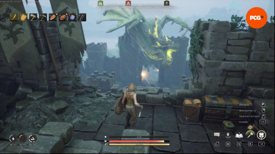 An image of a huge green dragon perching on a ruined wall breaking green acid at enemies