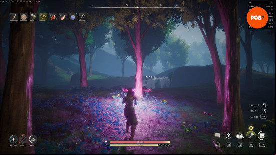 An image of a character using a pink spectral axe to cut down a line of trees in Runescape Dragonwilds