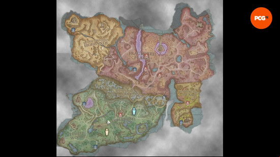 Runescape Dragonwilds map: an old hand-drawn map of a fantasy location, it is split into 6 areas.