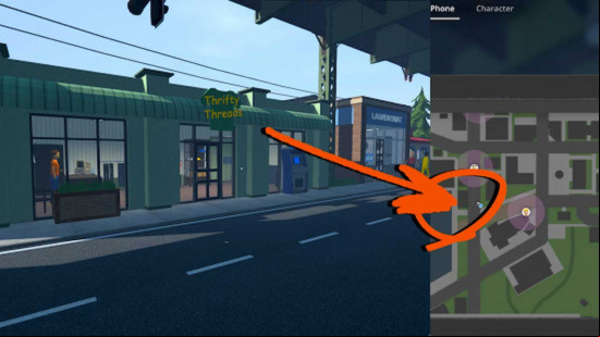 A clothing shop and an arrow pointing to where it is on the map in Schedule 1.