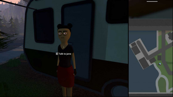 Jane in front of a caravan in Schedule 1.