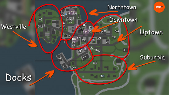 An annotated Schedule 1 map showing numbered places of interest and the lines of its six districts.
