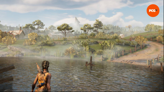 An image of a black woman with long braided hair wearing a yellow tank top standing looking out over a swamy bayou area, a mountain in the background