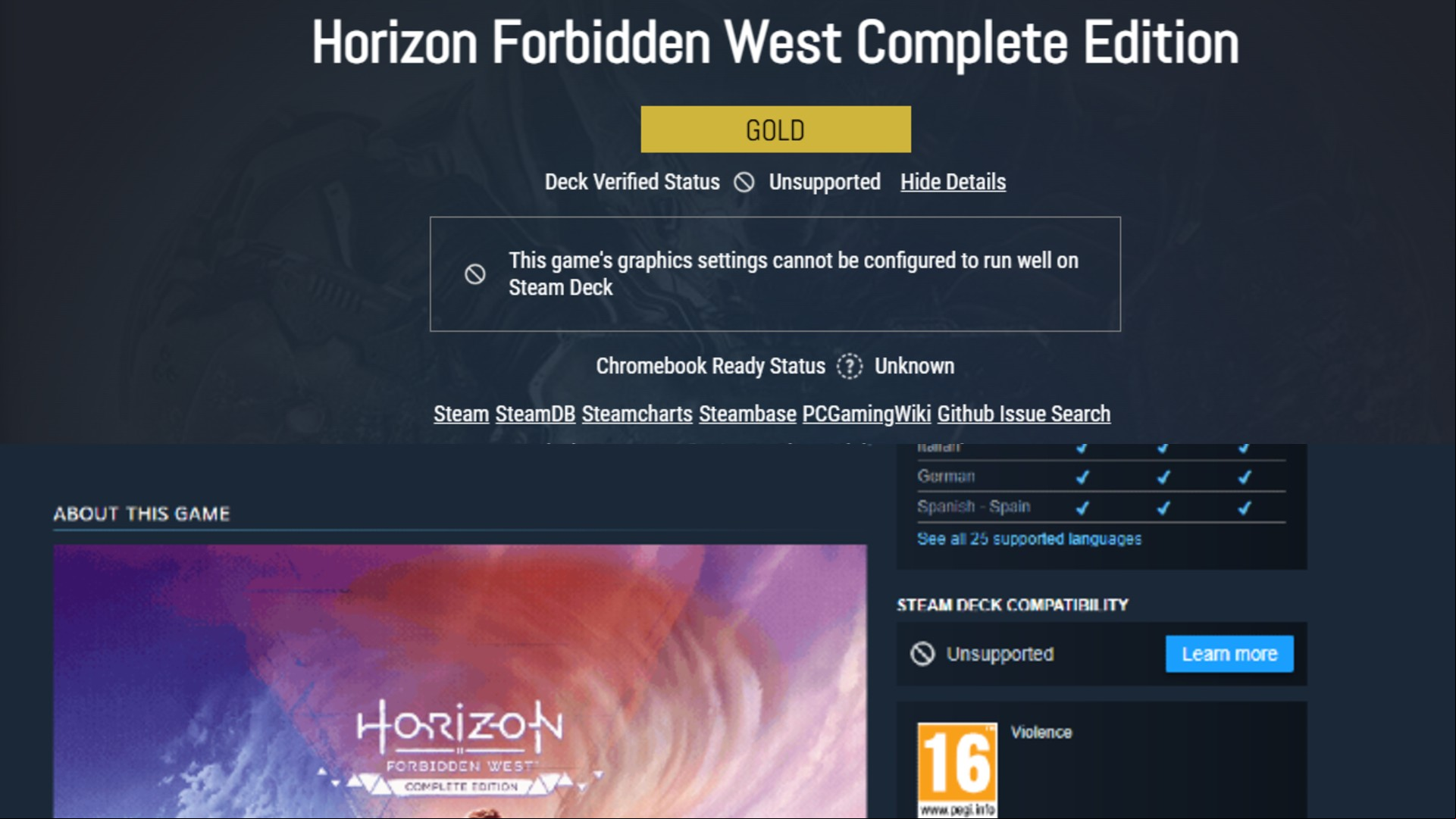 Horizon Forbidden West Steam Deck rating and ProtonDB rating