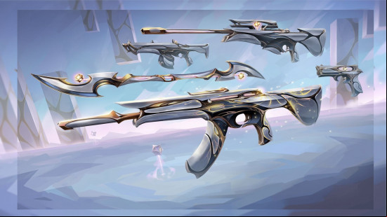 Valorant skins: a set of firearms, all white and gold, an ethereal design.