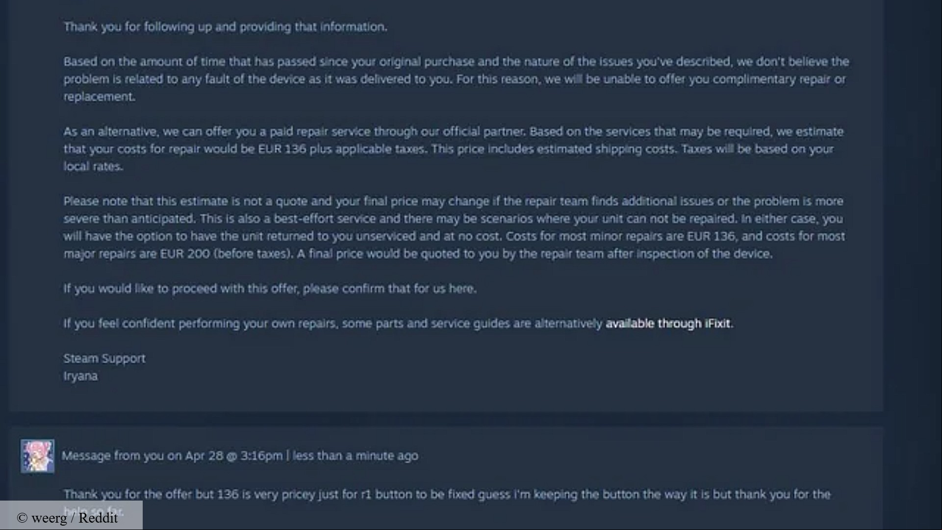 Expensive Valve RMA quote from Reddit with accreditation