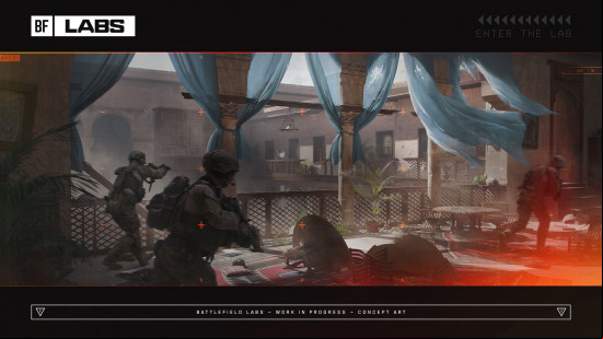 Battlefield 6 release date: a small group of soldiers patrol the interior of a building.