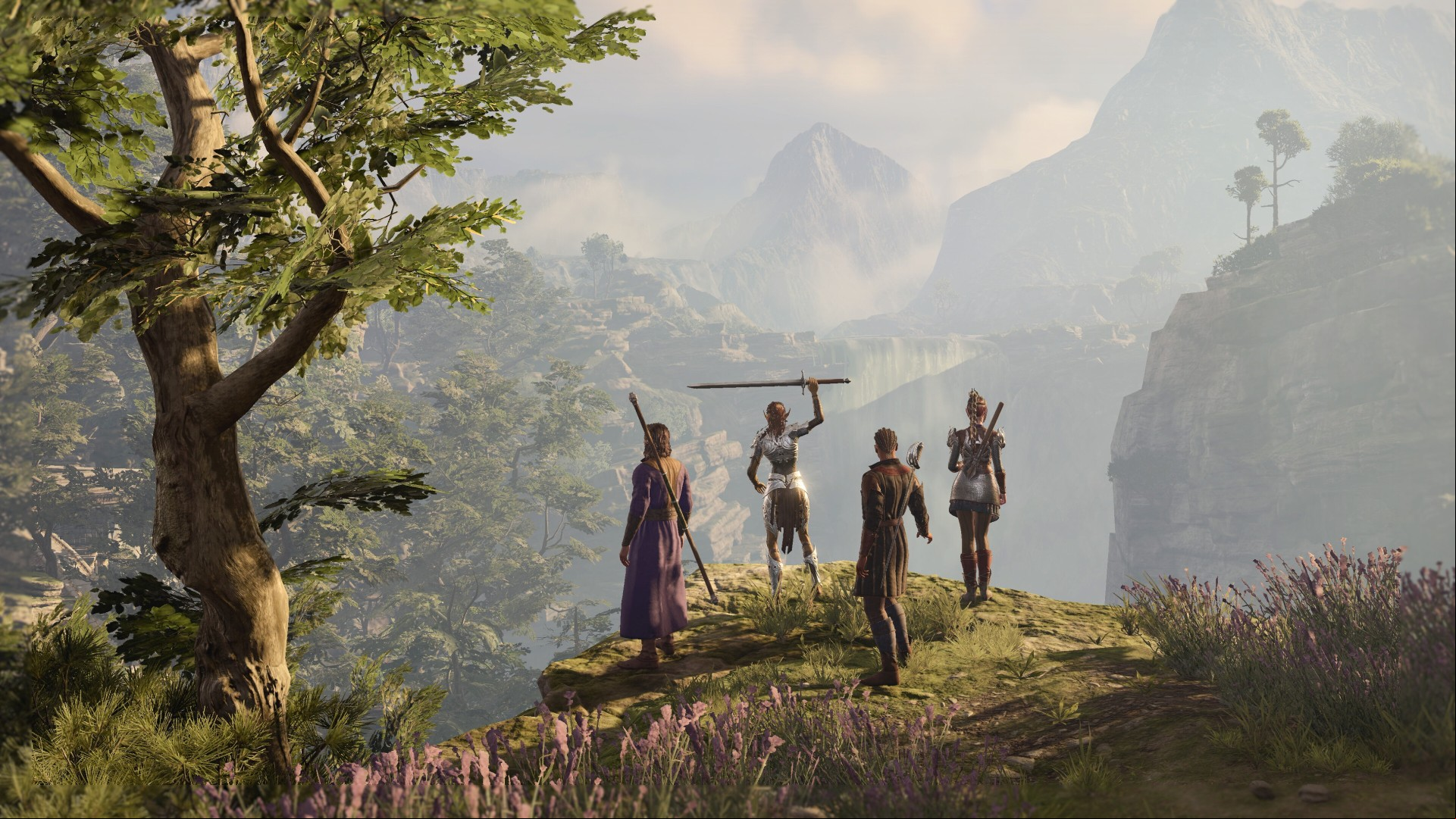 A band of adventurers gather on a grassy peak overlooking the land, in one of the best RPG games, Baldur's Gate 3.