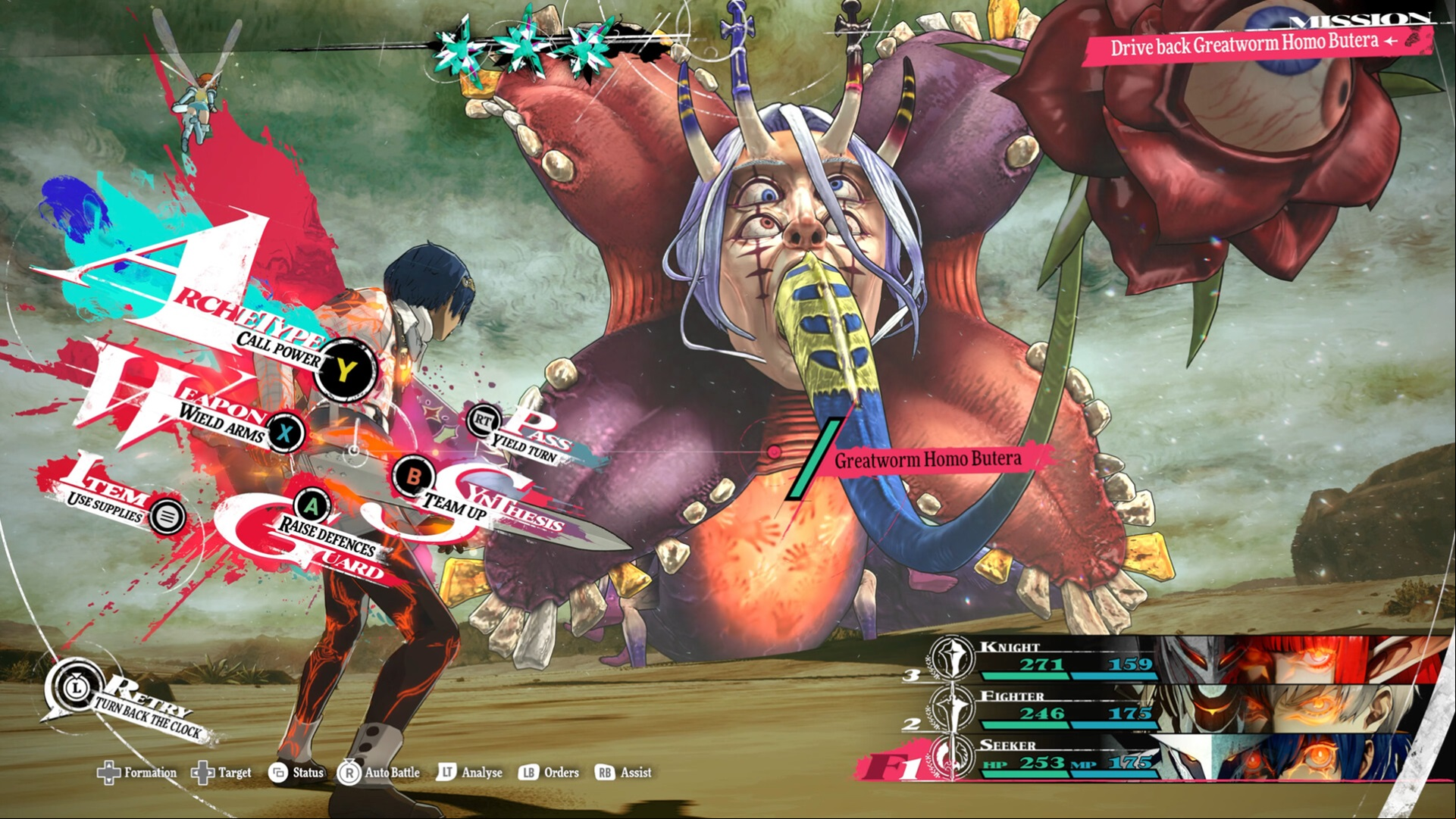 Best RPG games: Metaphor ReFantazio. Image shows a battle against a hideous flower creature with a face called a Greatworm Homo Butera.