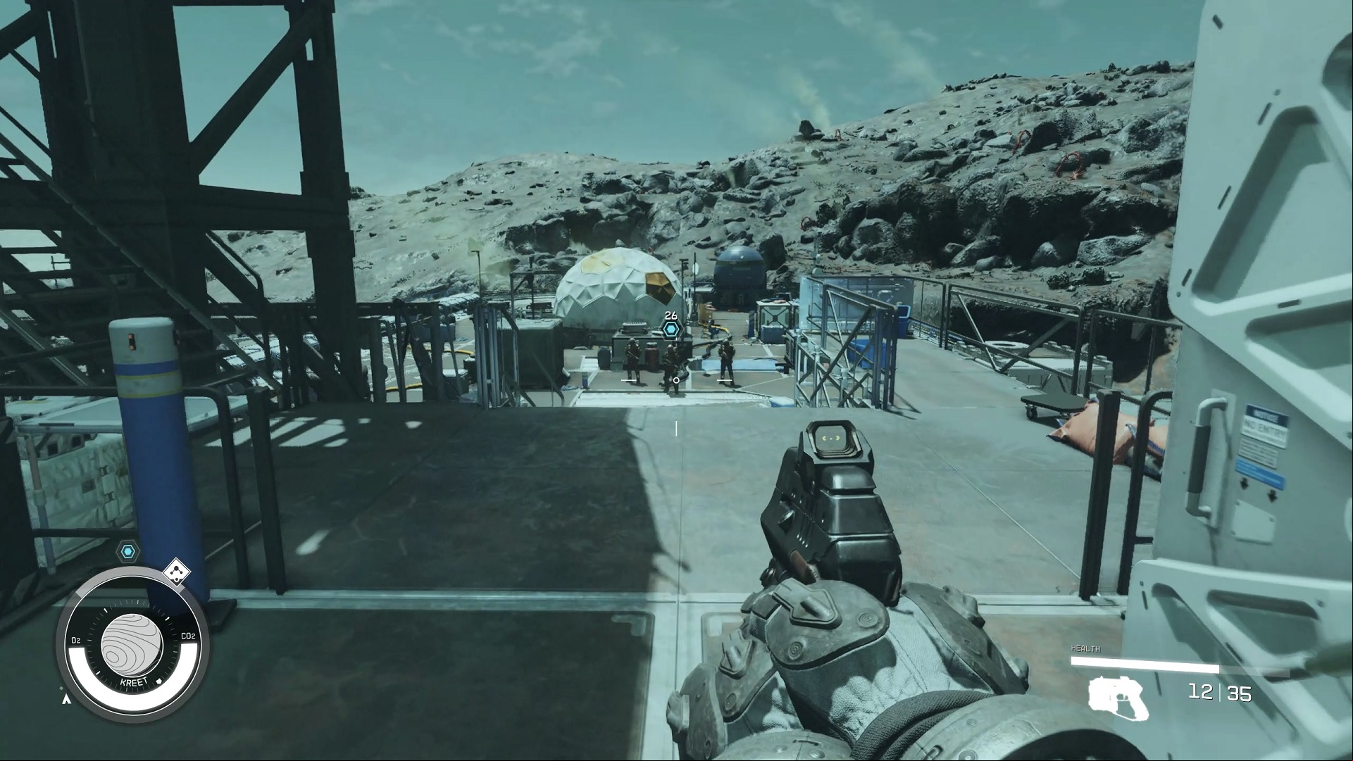 Best RPG games: Starfield. Image shows a person aiming at some space pirates at a base on a distant planet.