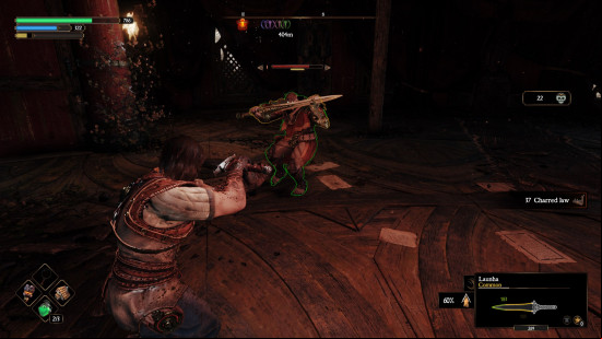 A scene of battle from Blades of Fire. The player character and an enemy stand off, both blocking with their swords.