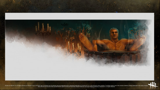 Geralt of Rivias reclines in the bath in a new DBD The Witcher player banner.