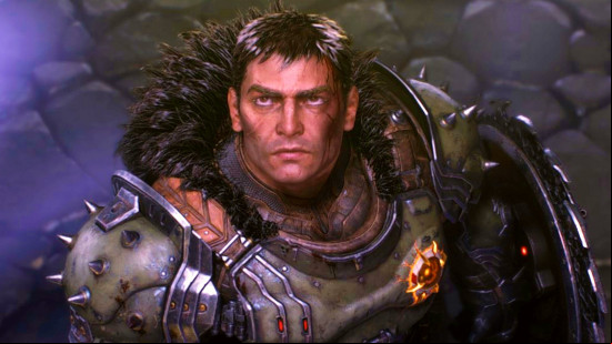 A heavily armed Doom Slayer from Doom The Dark Ages without his helmet.