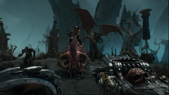 First-person view of Doom Slayer aiming at a demon mounted on a monster and a bat-like creature to its left.