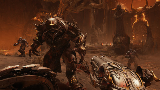 First-person view of Doom Slayer aiming the super shotgun at an imposing demon in Doom The Dark Ages.