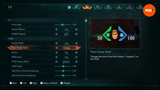 Doom The Dark Ages classic Doomguy HUD: the in-game settings UI