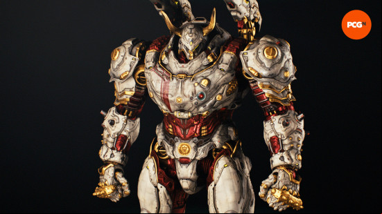 Doom The Dark Ages skins: an imposing mecha in gold, red, and white