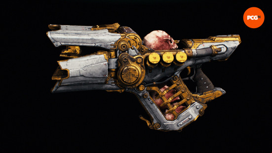 Doom The Dark Ages skins: a white and gold gun with a skull sticking out of the top