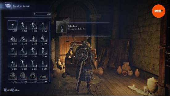 The Wylder stands at the Small Jar Bazaar in the Roundtable Hold, browsing its stock of Elden Ring Nightreign gestures.