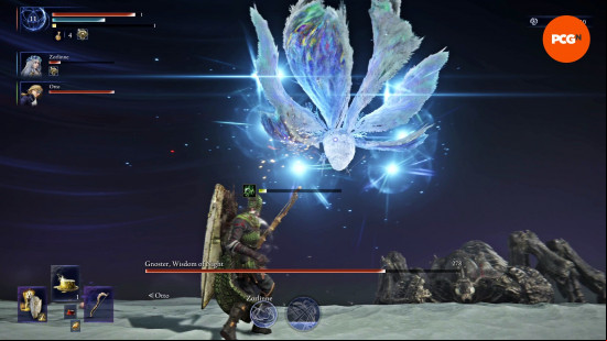 Elden Ring Nightreign review: The Ironeye takes aim at a Nightlord avatar, represented as a moth and spider.
