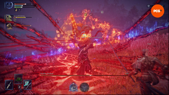 Elden Ring Nightreign review: The Recluse wends blood sigils out of thin air using her ultimate during a hectic boss fight,