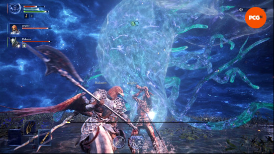Elden Ring Nightreign review: The Executor inflicts a final blow on an invading boss as the Guardian stands by with his halberd.