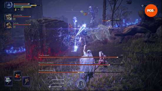 Elden Ring Nightreign review: The Revenant casts a flurry of magic shards overhead as her giant skeleton pins a boss to the Raider's totem.