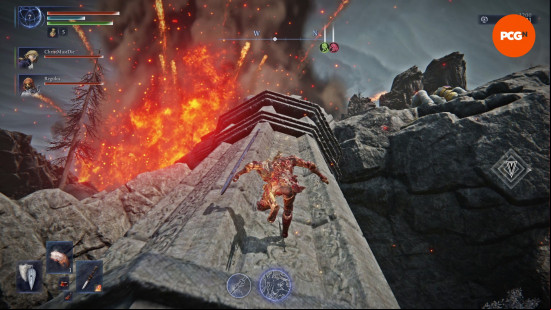 Elden Ring Nightreign review: The Executor charges up a stone pillar against a cliff as a volcanic eruption wreathes the sky in fire and smoke.