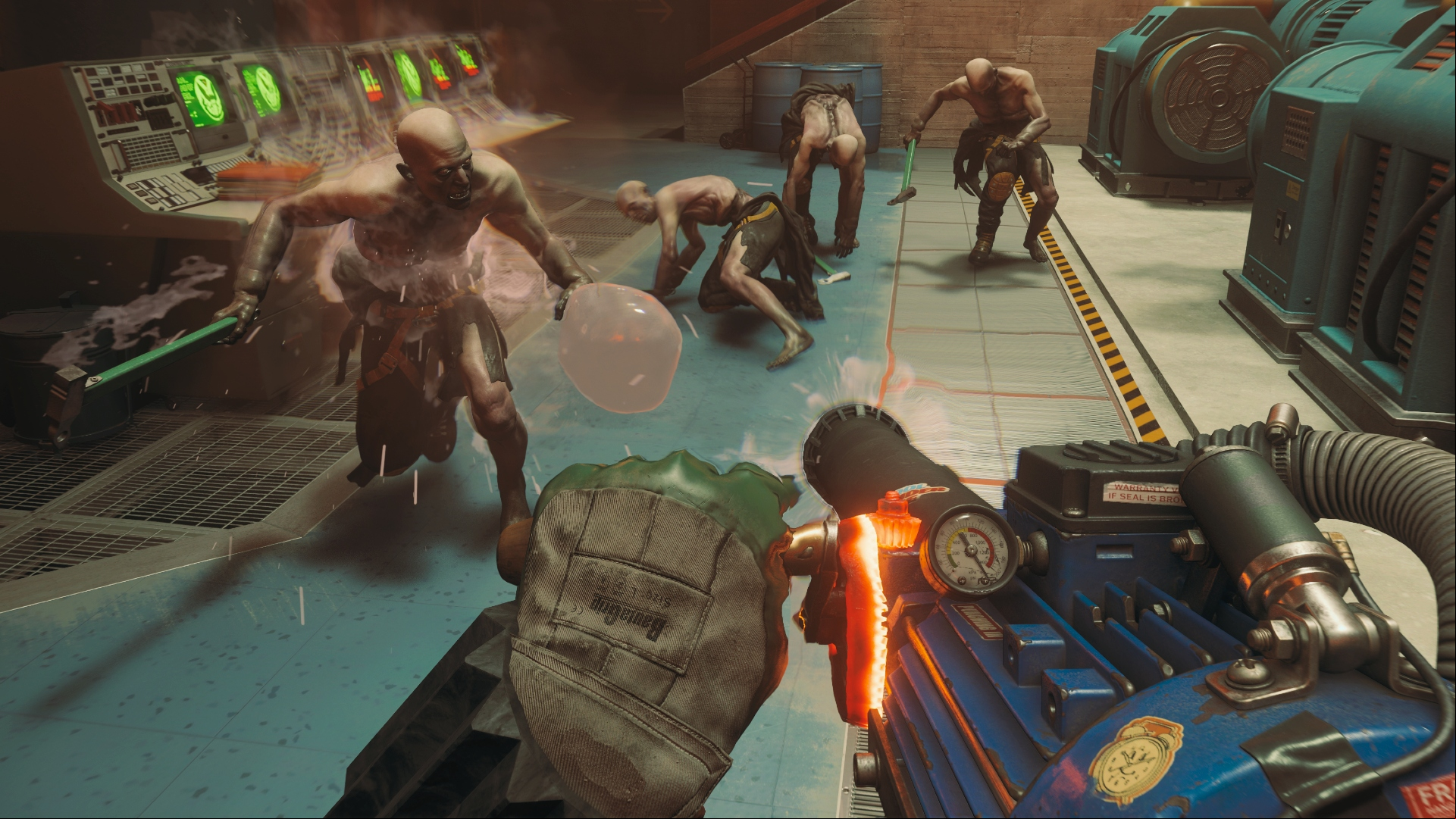 FBC Firebreak: A first person view of someone firing a water cannon at a small group of zombie-like creatures