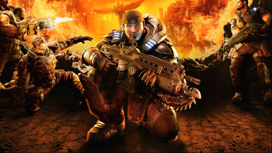 Soldiers fight in front of glowing flames in the key art for Gears of War Reloaded.
