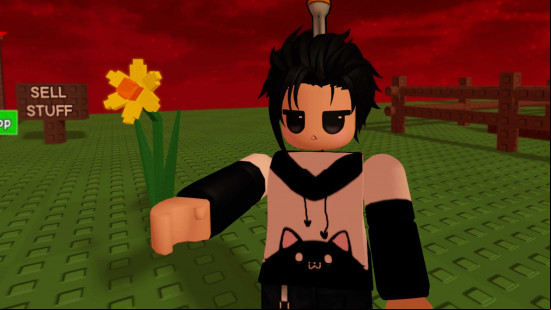 A character next to a flower in Grow a Garden.