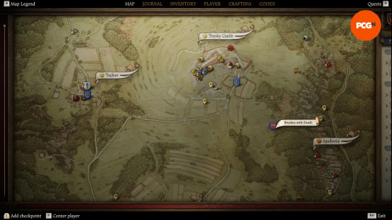 KCD2 Brushes with Death DLC: an old, illistrated map, with a purple marker showing a special location.