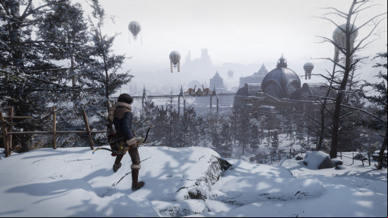 Man looking out over a snowbound town in Lies of P Overture.