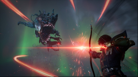A character firing an arrow at a airbound enemy in Lies of P Overture.