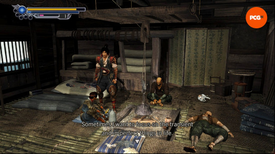Onimusha 2 remaster review: Jubei speaks with Kotaro, one of his allies, above the bar in the miner's village.