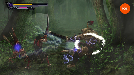 Onimusha 2 remaster review: Jubei fends off enemies in a cramped corridor of the Lost Forest.