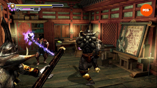 Onimusha 2 remaster review: Jubei charged his hammer as two musclebound demons with poles advance.