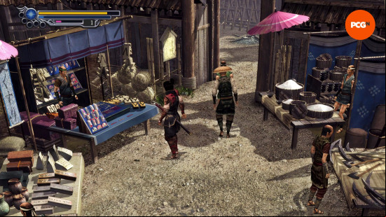 Onimusha 2 remaster review: Jubei samples the wares of the villagers at the local market.
