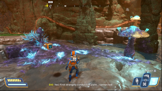 The first Dormant Fungal Receptor electrified to open the Batterus Lo wall in Revenge of the Savage Planet