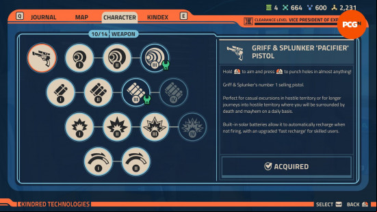 Revenge of the Savage Planet upgrades: a list of potential weapon upgrades for an explorer.