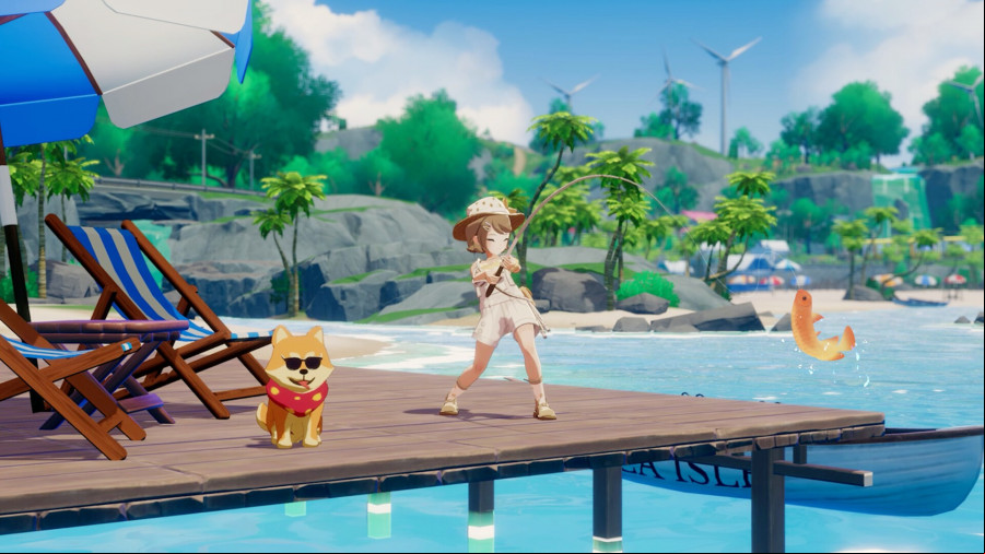 A female anime character fishes while a small Shiba Inu in sunglasses sits beshide her.