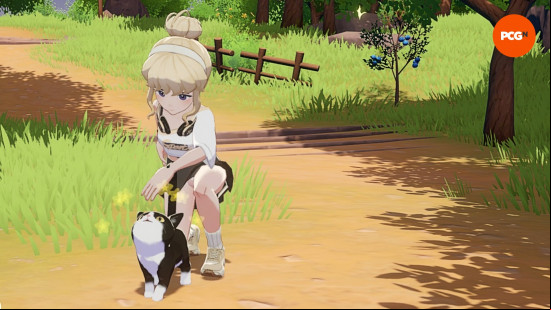 Starsand Island: A young blonde girl pets a black-and-white cat, one of the Starsand Island pets.