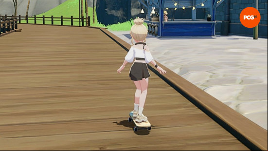 Starsand Island release date: A young, blonde girl rides a skateboard, one of the Starsand Island vehicles, along the promenade.