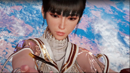 Stellar Blade: Eve stares down at a memory stick as she floats above the Earth.