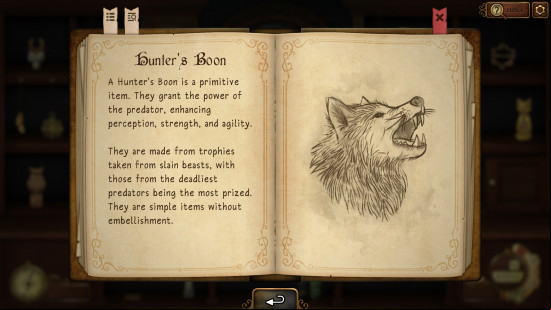 An image of a book showing a drawing of a wolf and the description of a Hunter's Boon talisman